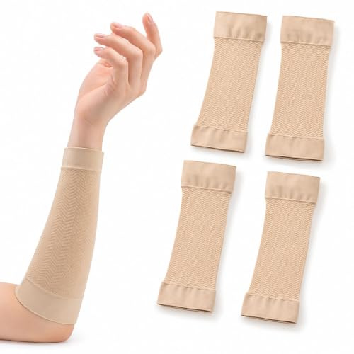 Arm Compression Sleeves for Women – 2 Pairs Upper Arm Support Sleeves – Slimming Compression Sleeve Shaper for Muscle Pain Relief – Elastic Arm Support for Lymphedema Swelling Recovery (Skin Color)
