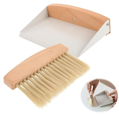 Small Dustpan and Brush Set, Portable Mini Broom, Mini Portable Dustpan Mini Wooden Table Brush for Sweeping Table Tabletop Countertop Desktop(15.4x10.6x4cm/White)