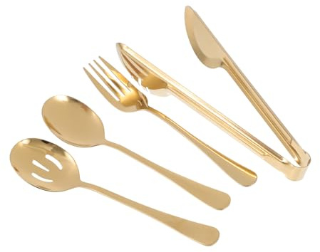 TOKIDNY 4 piezas Cubiertos Dorados de Acero Inoxidable para Servir Incluye Tenedor Pinzas y Cuchara Larga Utensilios Multifuncionales para Cocina y Comedor Casa Resistentes y Elegantes