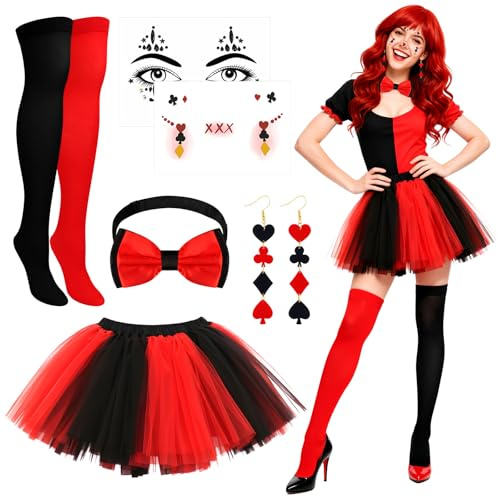 Grantop 8 Stück Clown Kostüm Damen, Clown Accessoires mit Tütü Rock Strumpfhose, Face Tattoo Harlekin, Spielkarten Ohrringe, Zirkus Kostüm Damen, Karneval Kostüm, für Karneval Cosplay Mottoparty