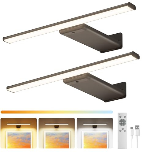 Bildbeleuchtung Kabellos, 12000mAh Akku Wiederaufladbare Bilderlampe mit Fernbedienung, Dimmbare LED Wandleuchte Innen für Bilder & Gemälde, 3 Farbtemperaturen,CRI 95+,Timer & Memory, Schwarz,2 Stück