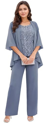 Infuness 3 Teilig Brautmutter Hosenanzug für Hochzeit Pailletten Chiffon Hosenanzug Damen Festlich mit Jacke Große Größen