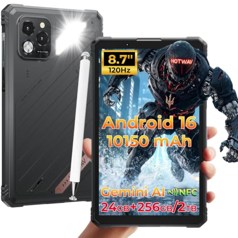 HOTWAV R11 Pro Tablette Incassable, 8.7'' HD&120Hz, 10150mAh / IP68 / IP69K | 24Go+256Go/TF 2To, Android 16, 64MP+16MP, Dual SIM 4G/WLAN 5G/GPS/OTG/NFC/Garantie 2 Ans/Lampe de Camping, Mini tablette