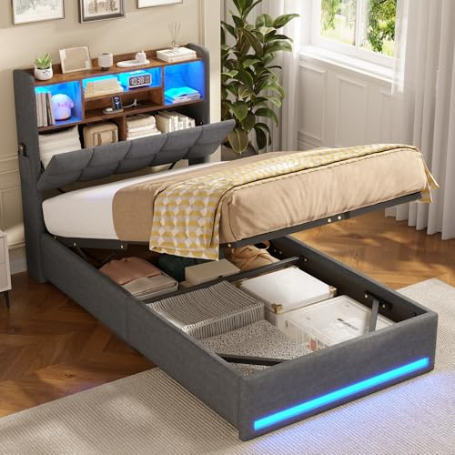 AOGLLATI Single Ottoman Bed,3ft Upholstered Storage Bed with Hydraulic Storage and Charging Station Upholstered Platform Bed frame with Storage Headboard & Led Lights (Gray, Single-90x190cm)