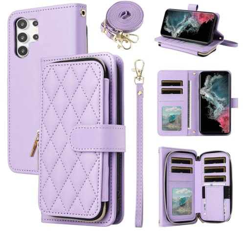 ELISORLI Wallet Case for Samsung Galaxy S26 Ultra 5G with Detachable Wrist Strap Shoulder Strap 9 Card Slots Zipper Purse Stand Cell Phone Cover for S26Ultra 26S S 26 26Ultra 6.9 2026 Women Purple