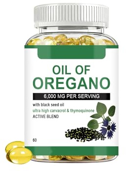 Oreganoolja med svart fröolja | Immun och matsmältningsstöd | Icke-Gmo, 60 Count,1pcs