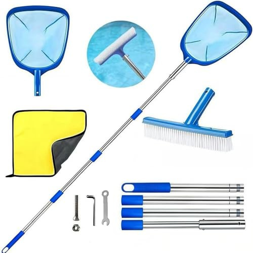 Épuisette de Piscine avec Manche télescopique - avec Brosse de Piscine - Épuisette de Bassin à Mailles Fines - Kit de Nettoyage pour Spa, Bassin, Jacuzzi, pataugeoire (185cm)