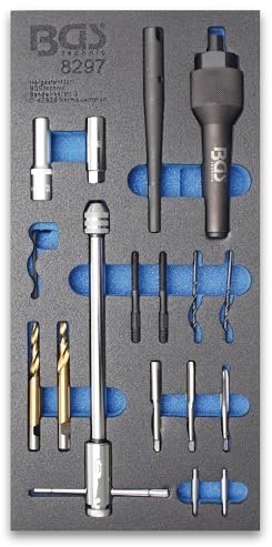 BGS 8297 | Glühkerzen-Ausbau- & Gewinde-Reparatur-Satz | M8, M10 | 17-TLG. | Werkstattwageneinlage 1/3 | Auszieher, Stufenbohrer, Gewindeschneider | Halter für Gewindebohrer mit Ratschenfunktion
