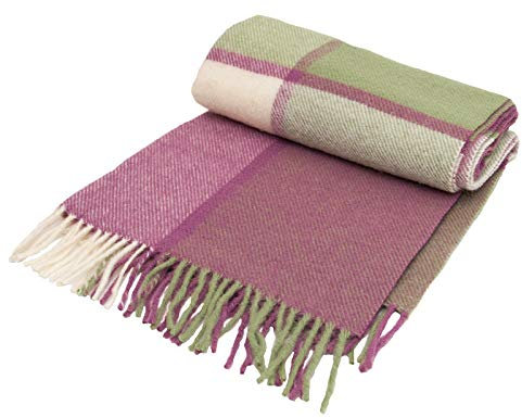 Tweedmill Textiles Block Check - pure new wool - knee rug throw blanket - Apple Green & Raspberry Pink - BRITISH MADE