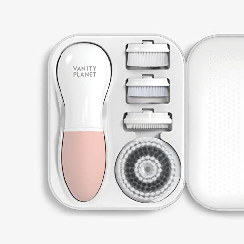 Vanity Planet Raedia Facial Cleansing Brush - Electric Facial Cleansing Brush with 4 Exfoliating Brush Heads - Waterproof, Handheld, Lightweight for Face Scrubber and Exfoliating Face - Dusty Pink