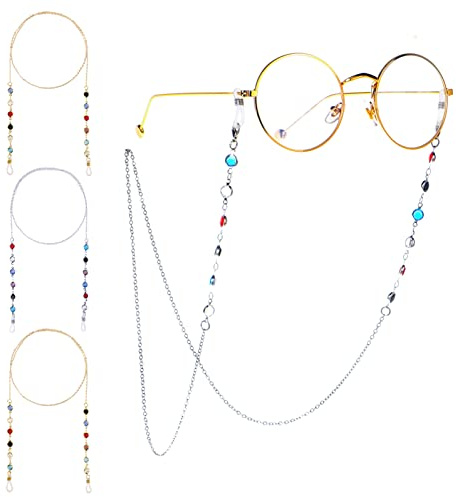 MengH-SHOP Catene per Occhiali Eleganti Catenella Occhial da Sole Colorato Perline di Cristallo Catenina Donna Occhiali da Lettura Catena con Estremità in Silicone Antiscivolo 4 Pezzi (Oro e Argento)