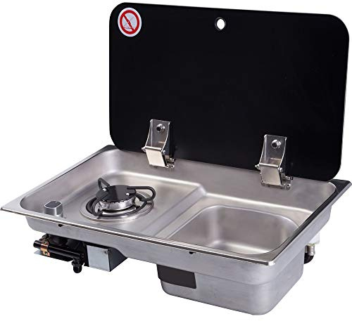 Black+Glass Portable 1 Burner LPG Gas Stove Sink Combo W/Stainless Steel Countertop Cooker for Boat RV Camper Caravan Outdoor