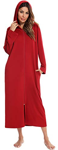 Veseacky Womens Hooded Zipper Bathrobe Long Sleeve House Coat Full Length Nightgonw with Pockets S-XXL……