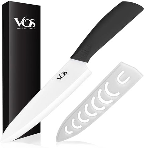 Vos 8 Inch Ceramic Chef Knife with Lid and Gift Box - Advanced Kitchen Tool for Chefs - Plain Sharp Edge for Cutting, Peeling, Slicing, Dicing, Chopping - Ideal