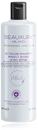 Beauxury Milano Shampoo Antigiallo Ricostruzione da 500 ML alla Bava di Lumaca per Capelli Biondi Danneggiati - No Yellow ad Azione Riparatrice per Danni da Decolorazione