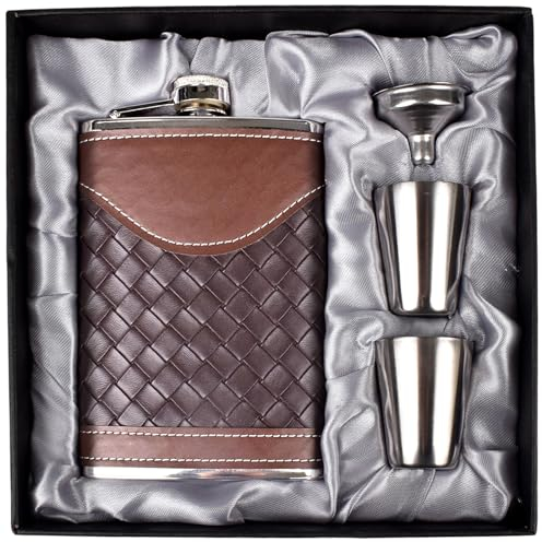 Flachmann für Herren, 237 ml, Lederflasche, Geschenkset, LHD HOME 304 Edelstahl-Flachmann-Set mit Trichter-Schnapsgläsern, schönes Geschenk für Whiskey, Rum, Trauzeugen, Lederstreifen, Schwarz