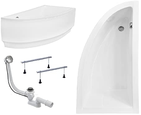BADLAND Badewanne Original Weiß Acryl Wanne Eckbadewanne PRAKTIKA 140x70 Rechts KOMPLETTSET SET mit Weiß Acrylschürze + Füßen und Exklusive Chrom Automatik Ablaufgarnitur Made in EU 4in1