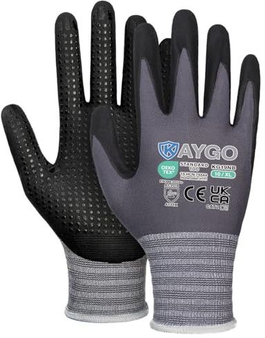 KAYGO guanti da lavoro MicroFoam Nitrile rivestito con punti di presa sul palmo per antiscivolo 3 paia, KG19N, ideale per uso generale leggero lavoro, automobil, magazzino (Grigio, XL, taglia 10)