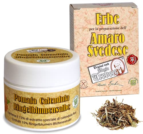 MARIA TREBEN - Pacchetto Duo Erbe + Pomata - MISCELA di ERBE per la preparazione casalinga AMARO SVEDESE - 72 gr + Pomata CICATRIZZANTE alla CALENDULA Naturale Maria Treben - 80 ml