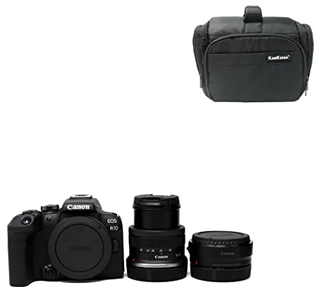 KamKorda Camera Bag + R10 Mirrorless Camera + RF-S 18-45 f/4.5-6.3 IS STM + R Adapter, 24.2MP APS-C CMOS Sensor, 4K Video + 2 Year Warranty