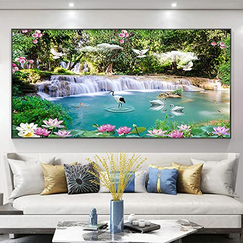 Diamant Painting Bilder Schwan Wasserfall Natur Diamond Painting Erwachsene Groß xxl mit Diamond Painting Zubehör Full Drill Diamont Painting Als Geschsenk Und Wanddekoration Zu Hause (100x40cm)