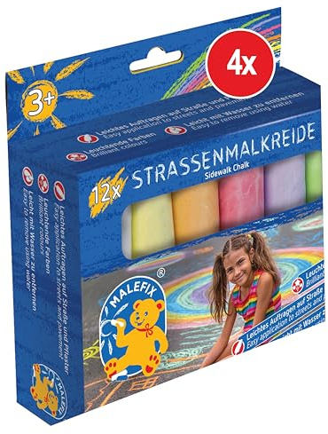 PUSTEFIX MALEFIX Straßenmalkreide 4 x 12er I Leuchtende Straßenkreide Farben, leicht aufzutragen I Einfach mit Wasser zu entfernen I Für Kinder & Erwachsene