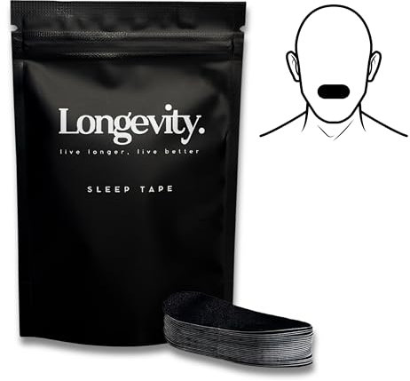 Longevity Sleep Tape - 30 Strips (Black) - Dermatologically Tested Mouth Tape for Sleeping, Women and Men - Supports Nasal Breathing and Reduces Snoring - 95% Cotton, Rayon-Free Mouthtape