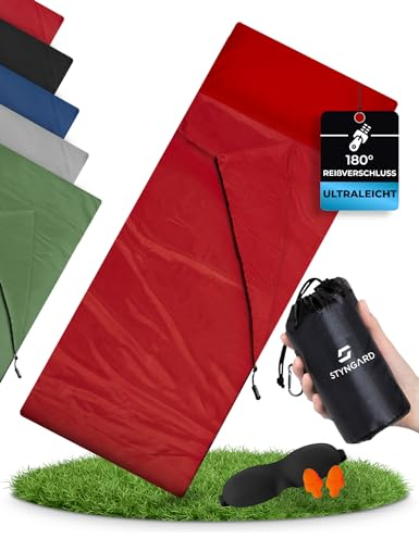 STYNGARD 2in1 Hüttenschlafsack Ultraleicht aus Mikrofaser [200g] - Ultraleichter Schlafsack kleines Packmaß - Dünner Schlafsack Inlett leicht & weich - Modell Hanoi (mit Reißverschluss, Rot)