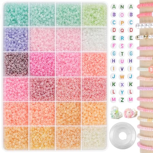 RUBY Perlen zum Auffädeln Kit, 8000+ Stück 3mm, 24 Farben Glasperlen für DIY Armbänder, Kleine Perlen, Rocailles, Bastelperlen, Schmuckperlen