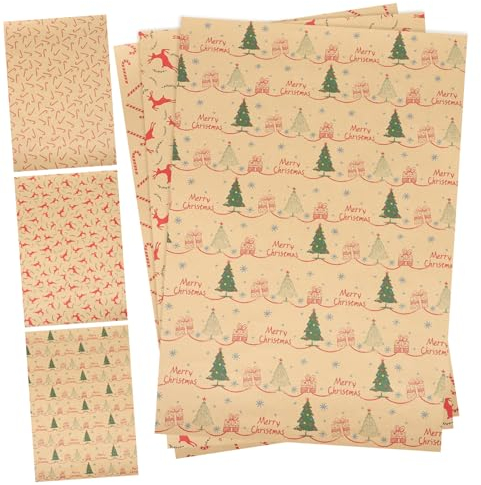 GLEAVI 6 Blätter Weihnachten Geschenkpapier Weihnachten Verpackung Kraft Papier Rolle Themed Geschenkpapier Festliche Muster