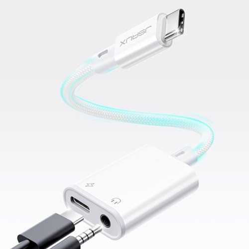 JSAUX USB C auf Klinke Adapter und Laden, 2 in 1 Typ C zu 3.5mm Kopfhörer Adapter mit PD 60W Schnelllade-Dongle kompatibel mit iPhone 15 Pro Max/15 Pro/15 Plus/15, Samsung S24/S23, iPad Pro, Huawei