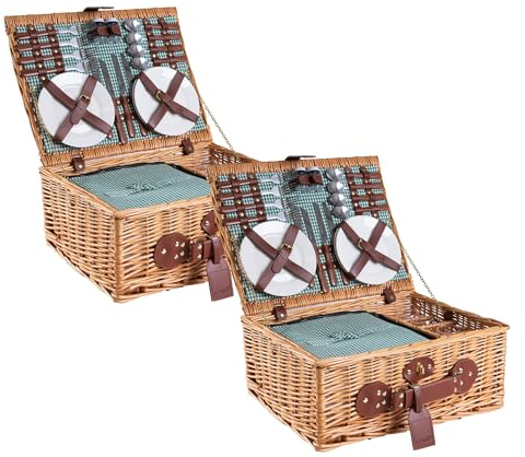 eGenuss 2 Handgefertigte Picknickkörbe für 4 Personen mit Kühlfach, Edelstahlbesteck, Porzellanteller, Weingläser, Salz- und Pfefferstreuer | GRÜN