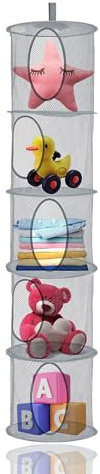 QYRDBGY 5 Tier Hanging Toy Storage Net, Foldable Soft Toy Storage Hanging Mesh Basket Space Saving Organizer for Teddy Bear Clothes Sundries (Gray)