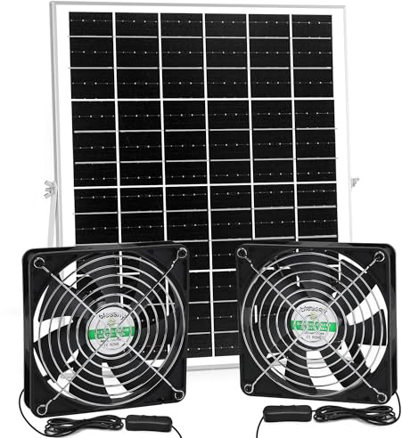 blessny Solarbetriebenes Lüfter-Set, 25 W Solarpanel mit 2 wasserdichten Ventilatoren für Hühnerställe, Gewächshäuser, Schuppen, mit 4,5 m An-/Aus-Schalterkabel