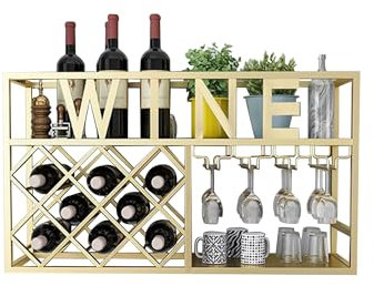 Weinregal Wand Metall Flaschenregal Schmal Wine Rack Bar Regal Wand mit Weinglashalter Weinschrank Hausbar Barschrank Weinständer Getränke Regal Mini Bar für Bartheke Wohnzimmer(Gold-wine,80*45*25cm)