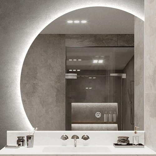 Specchio a mezzaluna, specchio a mezzaluna a parete, specchio irregolare 1/4 rotondo illuminato, oscuramento one-touch, dimmerabile, controllo touch intelligente, adatto for bagno, camera da letto(47.
