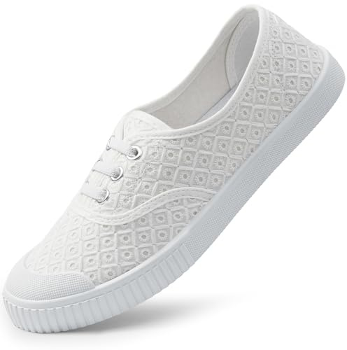 Harvest Land Womens Canvas Shoes Ladies Fashion Trainers Low Top Slip on Sneaker Flower White UK5