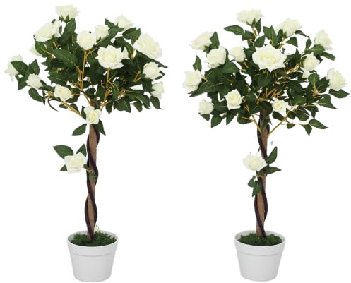 Outsunny 90cm Artificial Rose Tree with Twisted Trunk Set of 2 White | Decorative Fake Plant, 350 Silk Leaves, 21 Flowers, UV-Resistant Faux Tree, Outdoor Indoor Garden Porch Decor