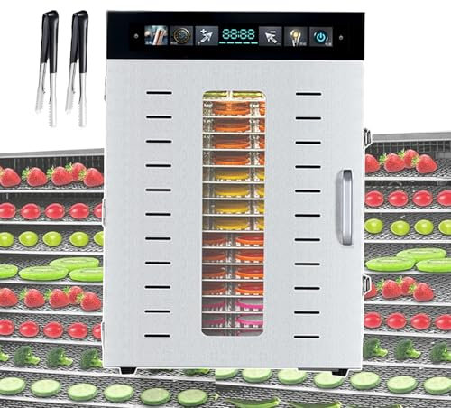 forplubossmmp Máquina Deshidratadora De Alimentos + 2 Pinzas para Frutas, Máquina Secadora Comercial De Frutas Y Carnes, Máquina Secadora De Alimentos De Acero Inoxidable De 1350 W/1375 W,16-Layer