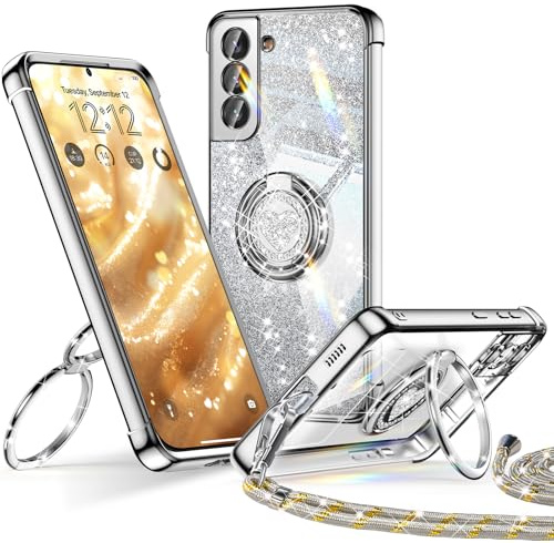 XYZ für Samsung Galaxy S21 Hülle mit Band, Herzen Doppelring Ständer | Luxus Glitzer HandyHülle Kameraschutz, Frauen Stoßfest Elektroplattiert Case Soft TPU SchutzHülle Clear, Silber