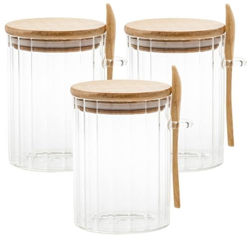 SAFRI Glass Jars with Wooden Lids & Spoons, Food Storage Airtight Container with Spoons for Overnight Oats, Salt Spice Tea Coffee Sugar Organizer Canisters (3 Pack)