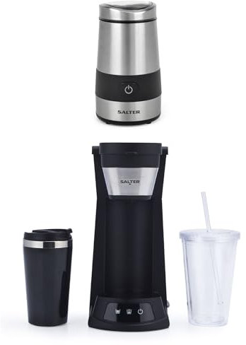 Salter 2 in 1 Iced Coffee Maker & Electric Coffee Grinder –Coffee Brewing & Grinding Set, Cold Brew Espresso Machine, 420ml Travel Mug & 440ml Plastic Cup & Straw, 60g Grinding Mill, Bean to Cup