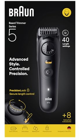 Braun Skäggtrimmer Series 5, +8 Stylingverktyg, Ultra Skarpa Blad, 120 min Drifttid, 40 Längder, Vattentät, PrecisionWheel & Lås, BT5560, Svart