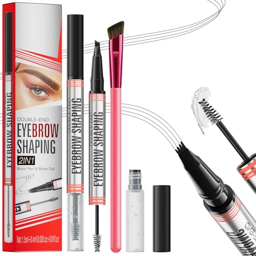 Microblading Augenbrauenstift Wasserfest Mit 4 Gabelspitzen & quadratischer Augenbrauenbürste & Brow Gel Clear für natürliche Härchenzeichnung (Schwarz) – Ideal für zu Hause & Make-up-Profis