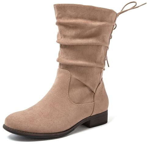 Luoika Women's Wide Width Ankle Boots - Low Heel Side Zipper Slouchy Mid Calf Boots Short Booties. 231205 BeigeMF 8XW