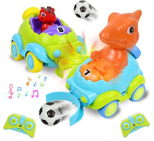 PATEMZON Ferngesteuertes Auto ab 2 Jahre, 2pcs Ferngesteuertes Dinosaurier Spielzeug, RC Auto Dinosaurier mit Musik und Lichtern, 2 Fußball, Geburtstags und Weihnachten Geschenke für Kinder