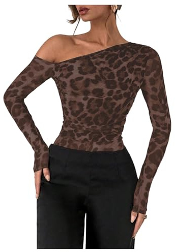 GORGLITTER Women's Leopard Print One Off Shoulder Bodysuits Long Sleeve Ruched Mesh T Shirts Tops Elegant Leotards Coffee Brown Medium