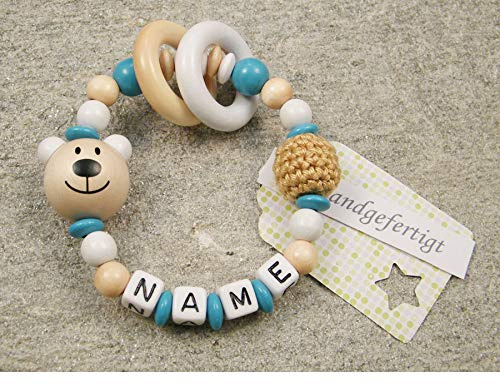 kleinerStorch ® - Personalisiertes Motorik Babygeschenk mit Namen – Einzigartiges Holz Geschenk & Taufe zur Geburt für Mädchen & Jungen - Bär in Weiss, türkis