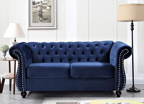 Container Furniture Direct Feinstein Modern Velvet Chesterfield Couches for Living Room with Nailheads, Diamond Tufting & Durable Metal Frame, Loveseat, Dark Blue