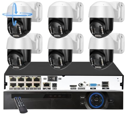 8CH HD 4K PTZ Dome 5X Optischer Zoom Sicherheitskamerasystem 8MP Ai Gesichtserkennung Farbnacht-IP-Kamera POE Videoüberwachungsset Bewegungserkennung(None,8 NVR x 6PCS 4K)